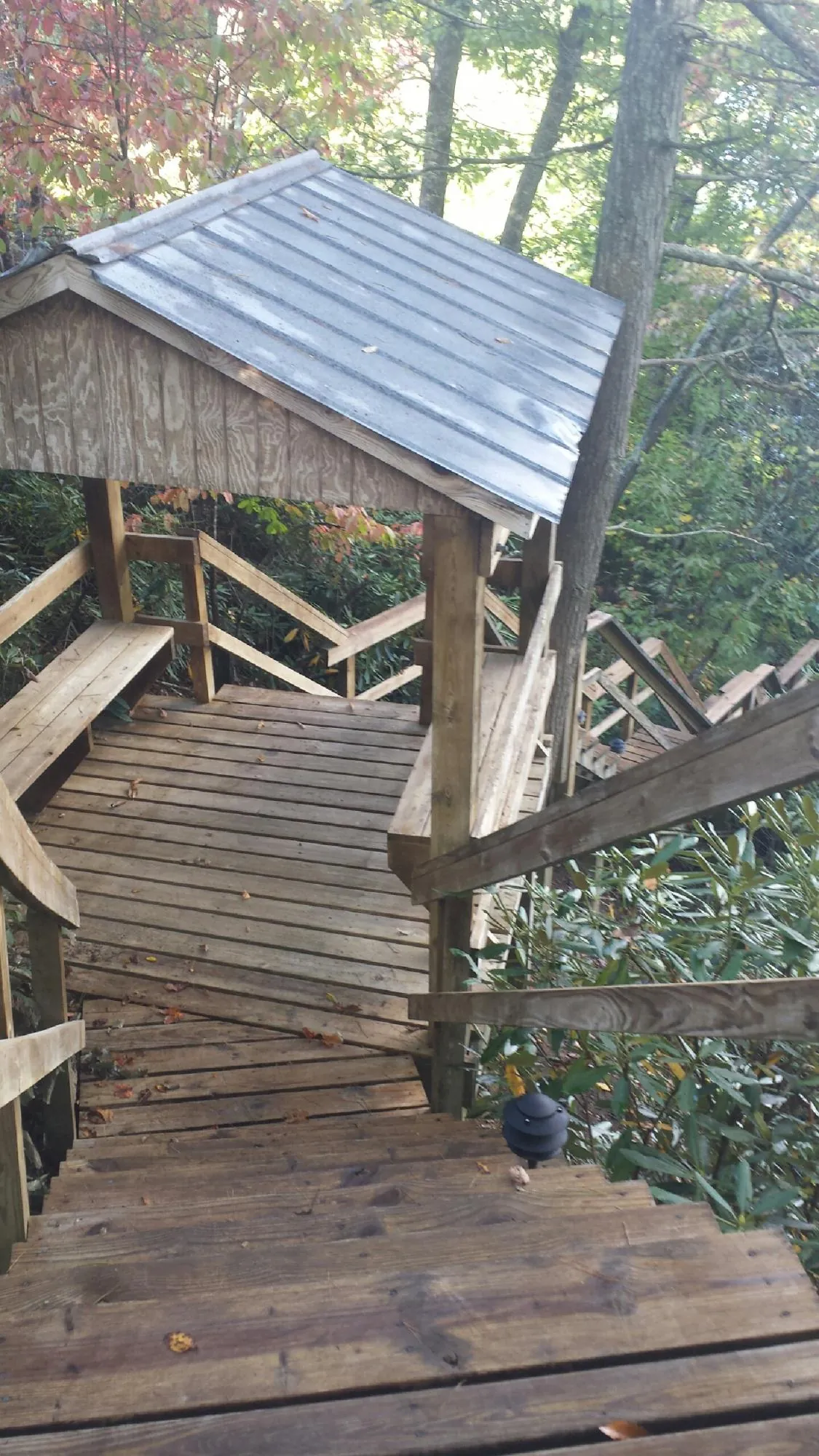 Metal roofed shelter over wooden steps on a wooded walkway — Skylight Repair & Installation work by our crew in Fischer